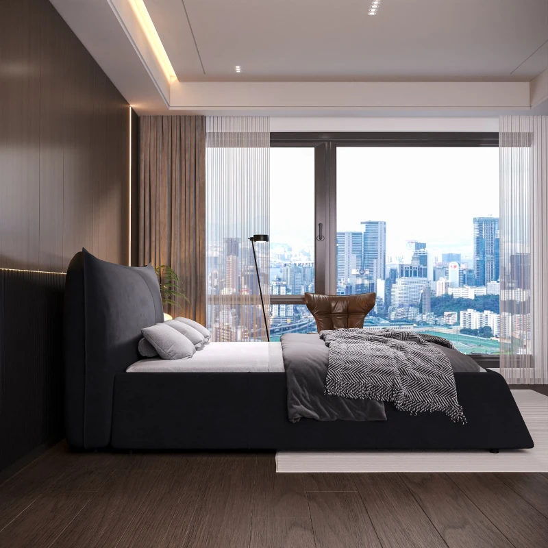 King Size Upholstered Platform Bed with Velvet Headboard, Metal & Solid Wood Frame, 97.5" L x 93" W x 42" H, Black