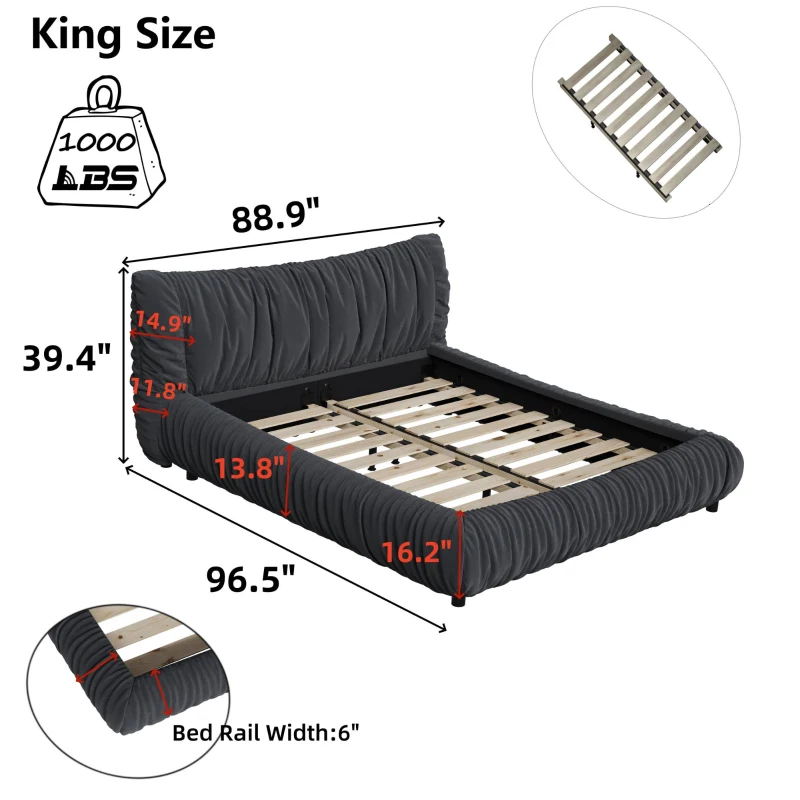 King Size Upholstered Bed with Removable Cushion, Solid Wood Frame, Adjustable Mattress Heights, 96.5" L x 89" W x 39.5" H, DARK Gray