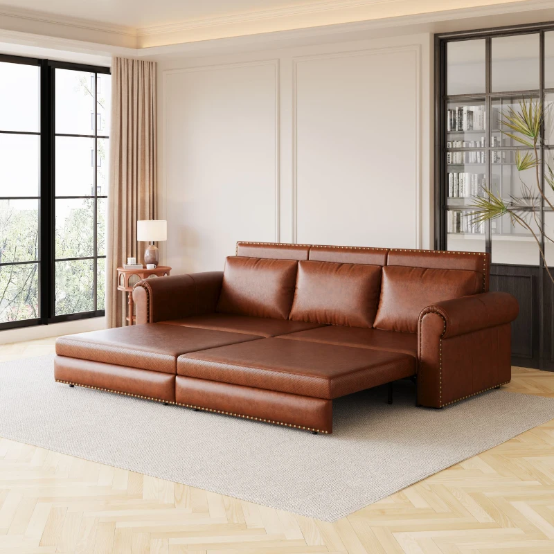 94" 3-in-1 Convertible Sleeper Sofa with Nailhead Trim & Rolled Arm, Chesterfield Sofa, Multi-Functional, 94" L x 35.5" W x 38.5" H, Light Brown