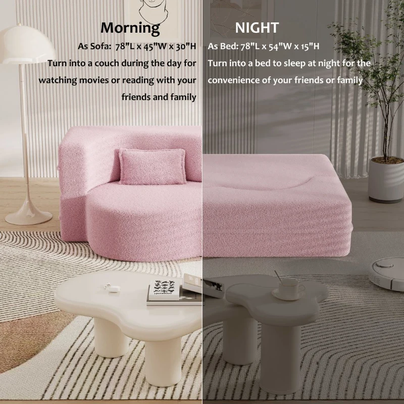 Convertible Teddy Fabric Foam-Filled Sleeper Sofa Bed with 2 Pillows, Modern Floor Sofa, Folding Mattress, 78" L x 45" W x 30" H, Pink