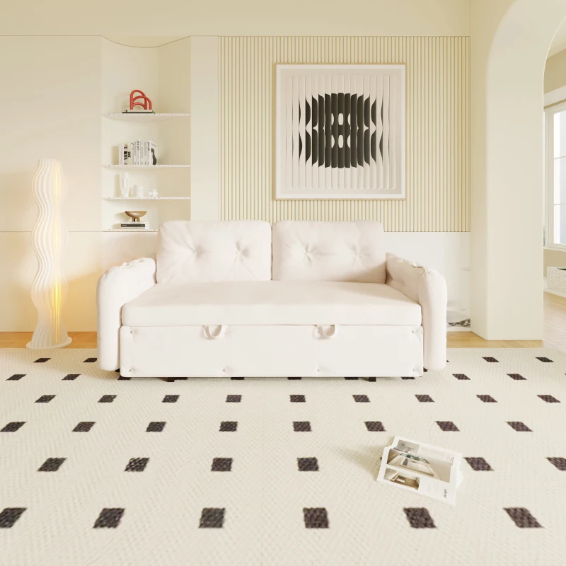 66" Hydraulic Convertible Sleeper with Storage and 2 Pillows, Tufted Button Upholstered Velvet Loveseat, 66" L x 35.5" W x 35" H, Beige