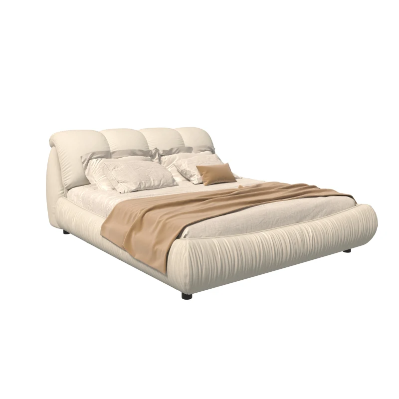 Queen Size Upholstered Bed with Oversized Padded Backrest, Solid Wood Frame, Adjustable Mattress Heights, 96.5" L x 70" W x 43.5" H, Beige