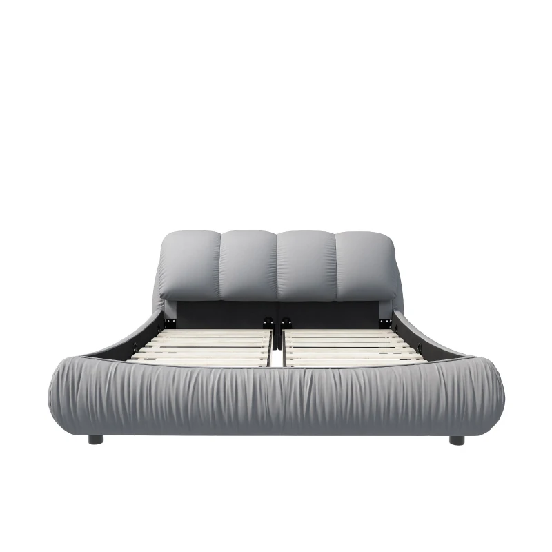Queen Size Upholstered Bed with Oversized Padded Backrest, Solid Wood Frame, Adjustable Mattress Heights, 96.5" L x 70" W x 43.5" H, Grey