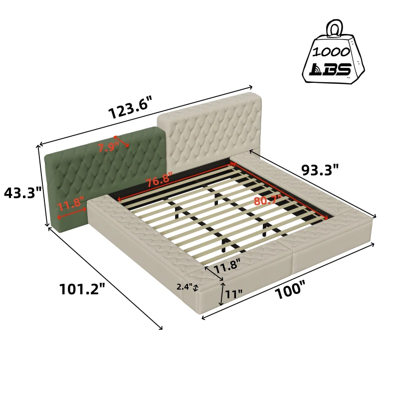 King Contemporary Special-shaped Upholstered Bed with Deep Button Tufting, Storage Compartments, 123.5" L x 101" W x 43.5" H, Beige