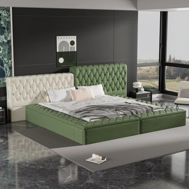 King Contemporary Special-Shaped Upholstered Bed with Deep Button Tufting, Storage Compartments, 123.5" L x 101" W x 43.5" H, Green