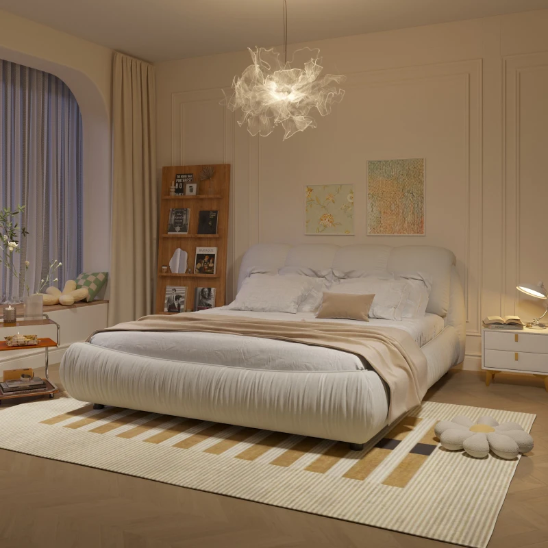 Queen Size Upholstered Bed with Oversized Padded Backrest, Solid Wood Frame, Adjustable Mattress Heights, 96.5" L x 70" W x 43.5" H, Beige