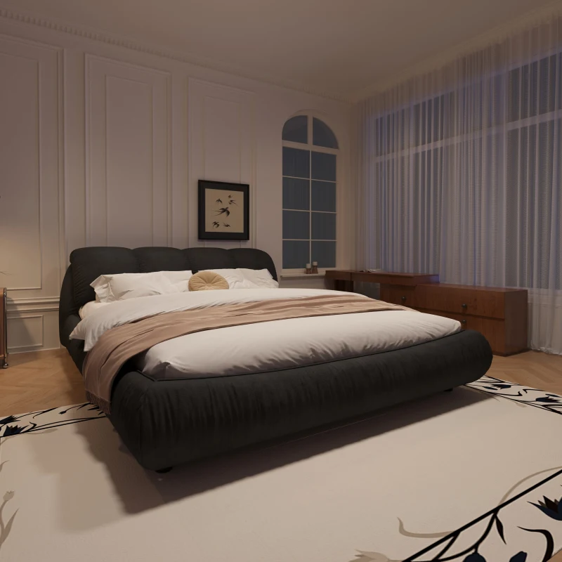 King Size Upholstered Bed with Oversized Padded Backrest, Solid Wood Frame, Adjustable Mattress Heights, 96.5" L x 86" W x 43.5" H, Black
