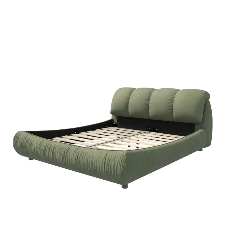 Queen Size Upholstered Bed with Oversized Padded Backrest, Solid Wood Frame, Adjustable Mattress Heights, 96.5" L x 70" W x 43.5" H, Green