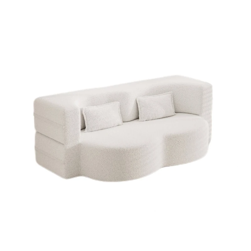 Convertible Teddy Fabric Foam-Filled Sleeper Sofa Bed with 2 Pillows, Modern Floor Sofa, Folding Mattress, 78"L x 45"W x 30"H, White