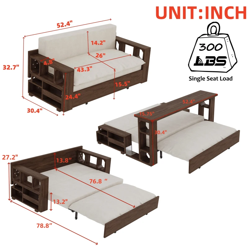 3-in-1 Convertible Sofa Bed with Pull Out Bed and Hidden Office Desk, Modern Velvet Loveseat Couch , 52.5" L x 30.5" W x 33" H, Beige
