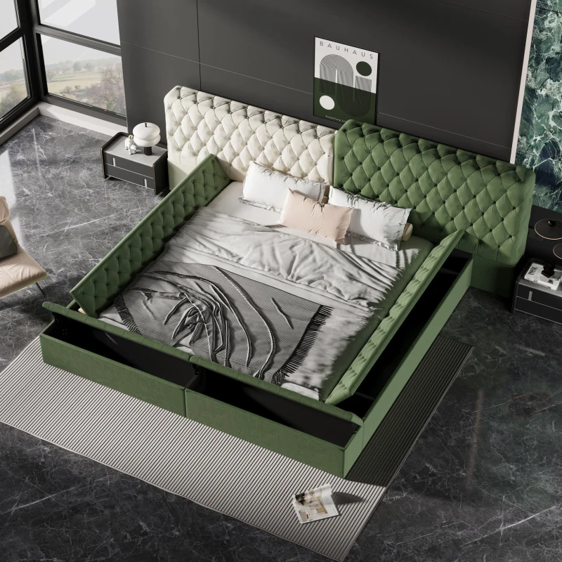 King Contemporary Special-Shaped Upholstered Bed with Deep Button Tufting, Storage Compartments, 123.5" L x 101" W x 43.5" H, Green