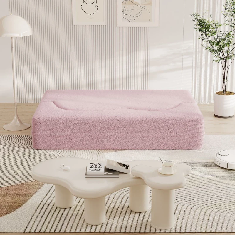 Convertible Teddy Fabric Foam-Filled Sleeper Sofa Bed with 2 Pillows, Modern Floor Sofa, Folding Mattress, 78" L x 45" W x 30" H, Pink