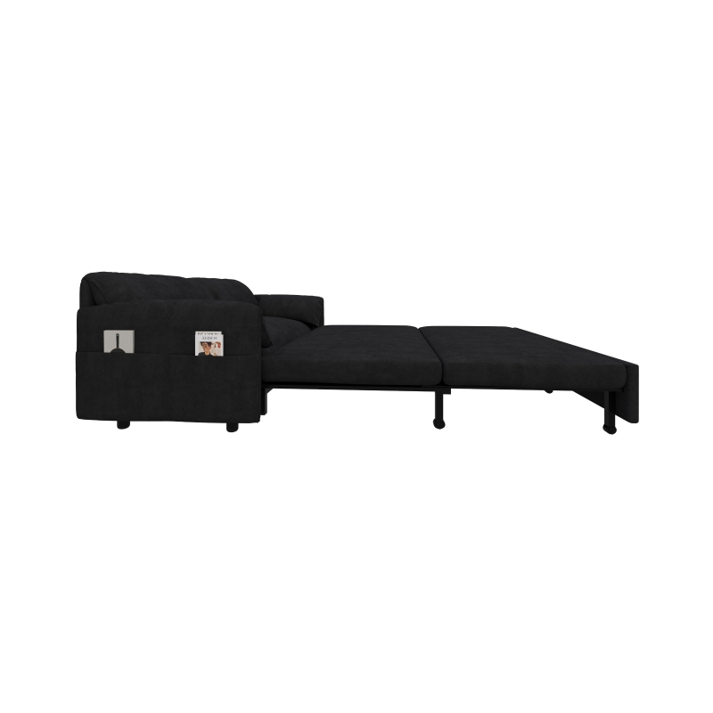 64" 3-in-1 Convertible Sleeper Sofa with Side Storage, Multi-Functional Velvet Loveseat, 64" L x 33.5" W x 36" H, Black