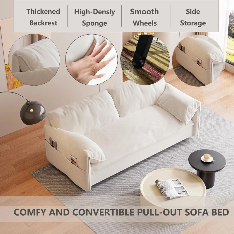 64" 3-in-1 Convertible Sleeper Sofa with Side Storage, Multi-Functional Velvet Loveseat Bed, 64" L x 33.5" W x 36" H, Beige