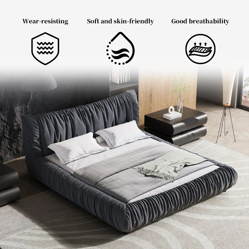 King Size Upholstered Bed with Removable Cushion, Solid Wood Frame, Adjustable Mattress Heights, 96.5" L x 89" W x 39.5" H, DARK Gray
