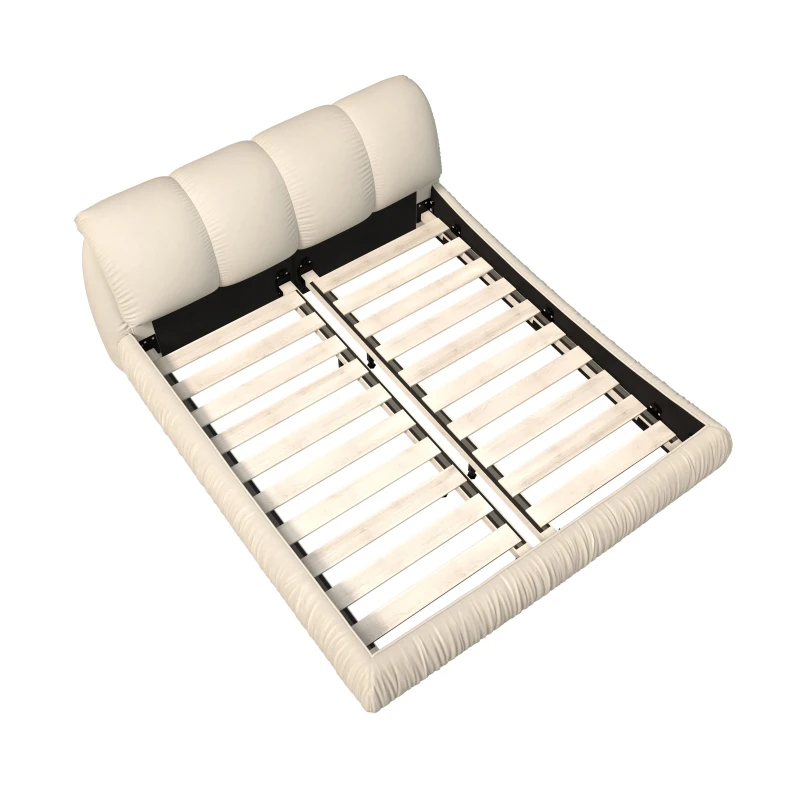 Queen Size Upholstered Bed with Oversized Padded Backrest, Solid Wood Frame, Adjustable Mattress Heights, 96.5" L x 70" W x 43.5" H, Beige