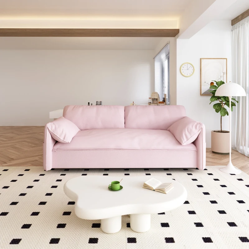 64" 3-in-1 Convertible Sleeper Sofa with Side Storage, Multi-Functional Velvet Loveseat Bed, 64" L x 33.5" W x 36" H, Pink