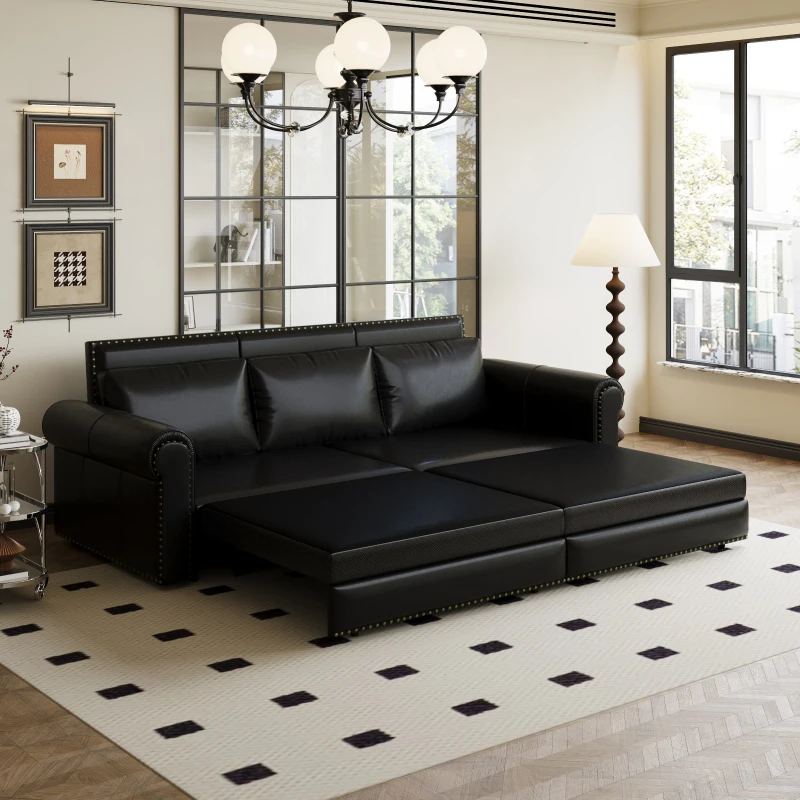 94" 3-in-1 Convertible Sleeper Sofa with Nailhead Trim & Rolled Arm, Chesterfield Sofa, Multi-Functional, 94" L x 35.5" W x 38.5" H, Black