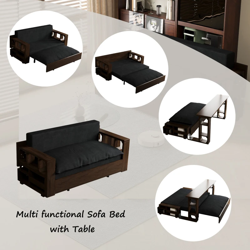 3-in-1 Convertible Sofa Bed with Pull Out Bed and Hidden Office Desk, Modern Velvet Loveseat Couch, 52.5" L x 30.5" W x 33" H, Black