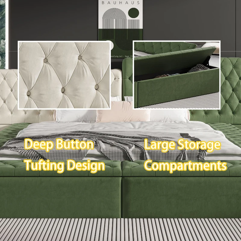 King Contemporary Special-Shaped Upholstered Bed with Deep Button Tufting, Storage Compartments, 123.5" L x 101" W x 43.5" H, Green