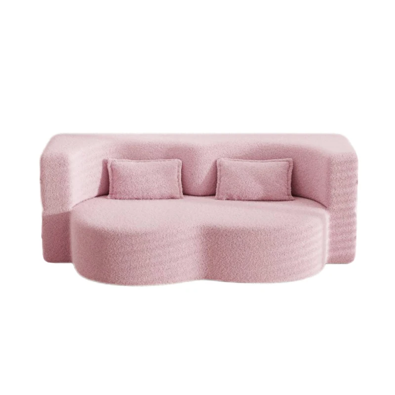 Convertible Teddy Fabric Foam-Filled Sleeper Sofa Bed with 2 Pillows, Modern Floor Sofa, Folding Mattress, 78" L x 45" W x 30" H, Pink
