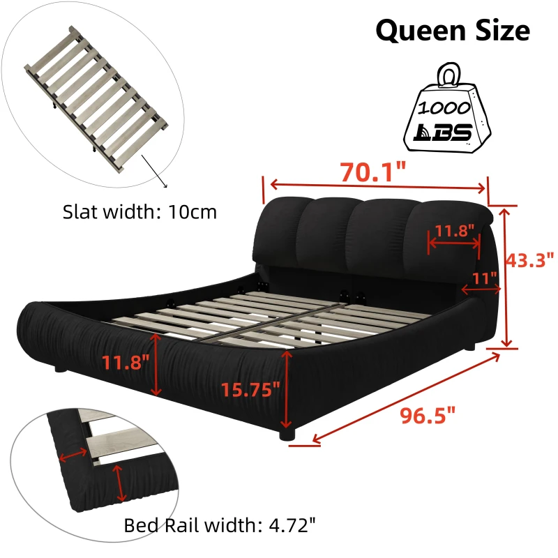 Queen Size Upholstered Bed with Oversized Padded Backrest, Solid Wood Frame, Adjustable Mattress Heights, 96.5" L x 70" W x 43.5" H, Black