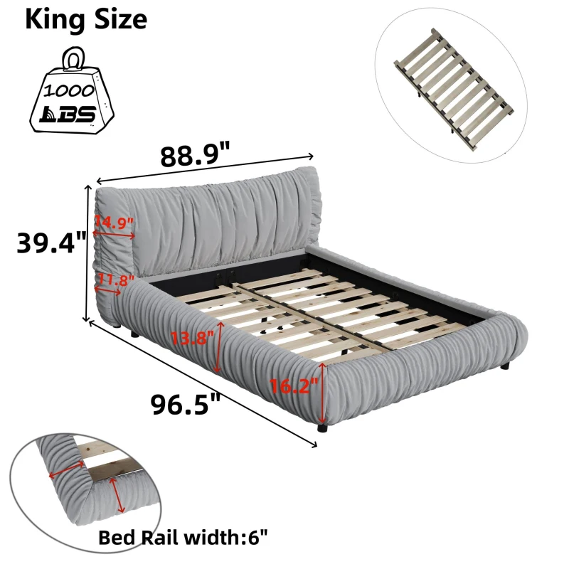 King Size Upholstered Bed with Removable Cushion, Solid Wood Frame, Adjustable Mattress Heights, 96.5" L x 89" W x 39.5" H, LIGHT Gray