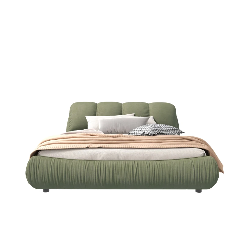 Queen Size Upholstered Bed with Oversized Padded Backrest, Solid Wood Frame, Adjustable Mattress Heights, 96.5" L x 70" W x 43.5" H, Green