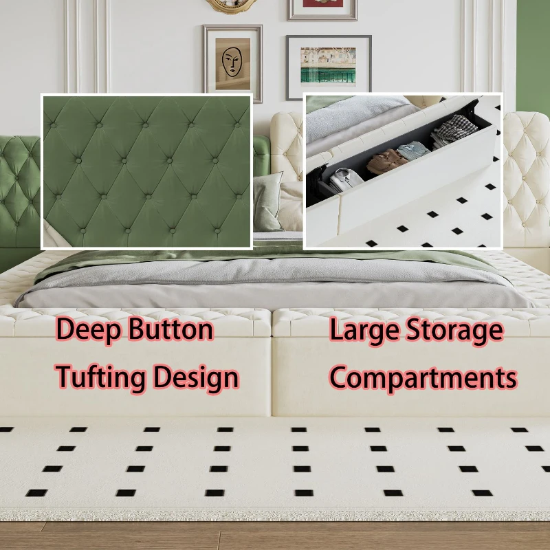 King Contemporary Special-shaped Upholstered Bed with Deep Button Tufting, Storage Compartments, 123.5" L x 101" W x 43.5" H, Beige