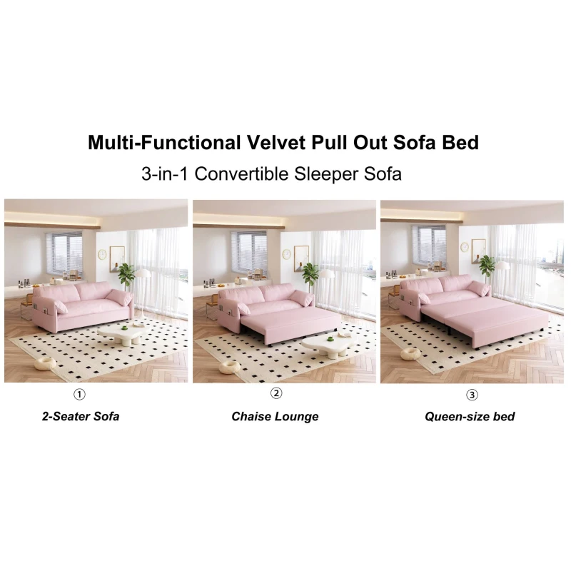 64" 3-in-1 Convertible Sleeper Sofa with Side Storage, Multi-Functional Velvet Loveseat Bed, 64" L x 33.5" W x 36" H, Pink