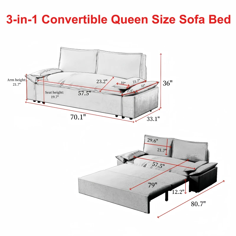 70" 3-in-1 Convertible Sleeper Sofa with 2 Soft Pillows, Multi-Functional Velvet Loveseat Bed, 70" L x 33" W x 36" H, Pink