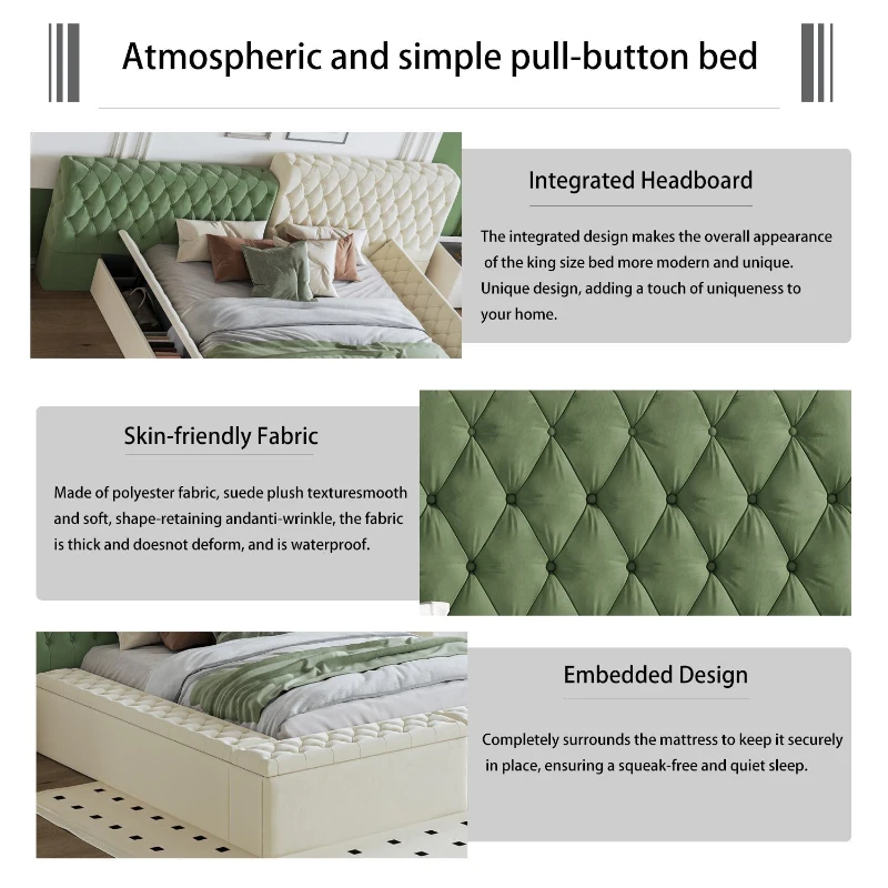 King Contemporary Special-Shaped Upholstered Bed with Deep Button Tufting, Storage Compartments, 123.5" L x 101" W x 43.5" H, Green