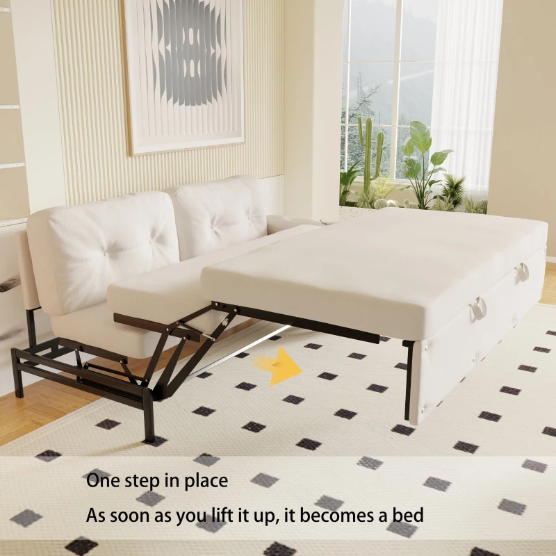 66" Hydraulic Convertible Sleeper with Storage and 2 Pillows, Tufted Button Upholstered Velvet Loveseat, 66" L x 35.5" W x 35" H, Beige