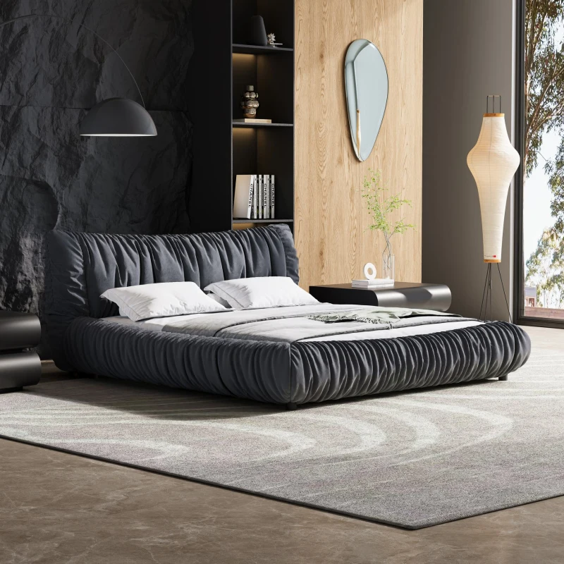 King Size Upholstered Bed with Removable Cushion, Solid Wood Frame, Adjustable Mattress Heights, 96.5" L x 89" W x 39.5" H, DARK Gray