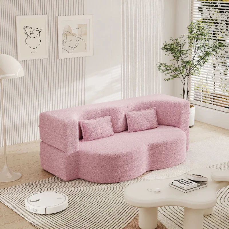 Convertible Teddy Fabric Foam-Filled Sleeper Sofa Bed with 2 Pillows, Modern Floor Sofa, Folding Mattress, 78" L x 45" W x 30" H, Pink