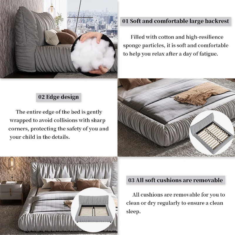 King Size Upholstered Bed with Removable Cushion, Solid Wood Frame, Adjustable Mattress Heights, 96.5" L x 89" W x 39.5" H, LIGHT Gray