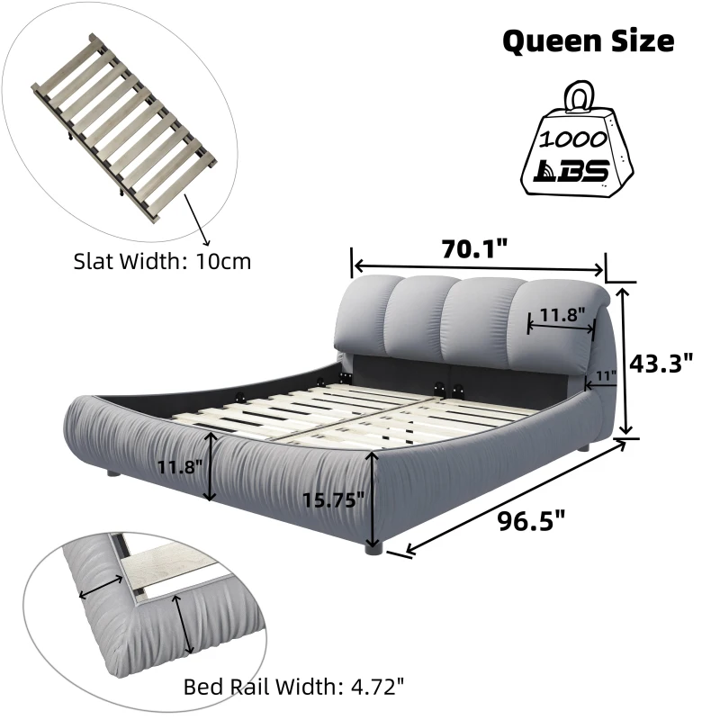 Queen Size Upholstered Bed with Oversized Padded Backrest, Solid Wood Frame, Adjustable Mattress Heights, 96.5" L x 70" W x 43.5" H, Grey