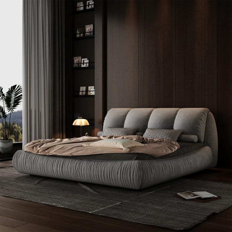Queen Size Upholstered Bed with Oversized Padded Backrest, Solid Wood Frame, Adjustable Mattress Heights, 96.5" L x 70" W x 43.5" H, Grey