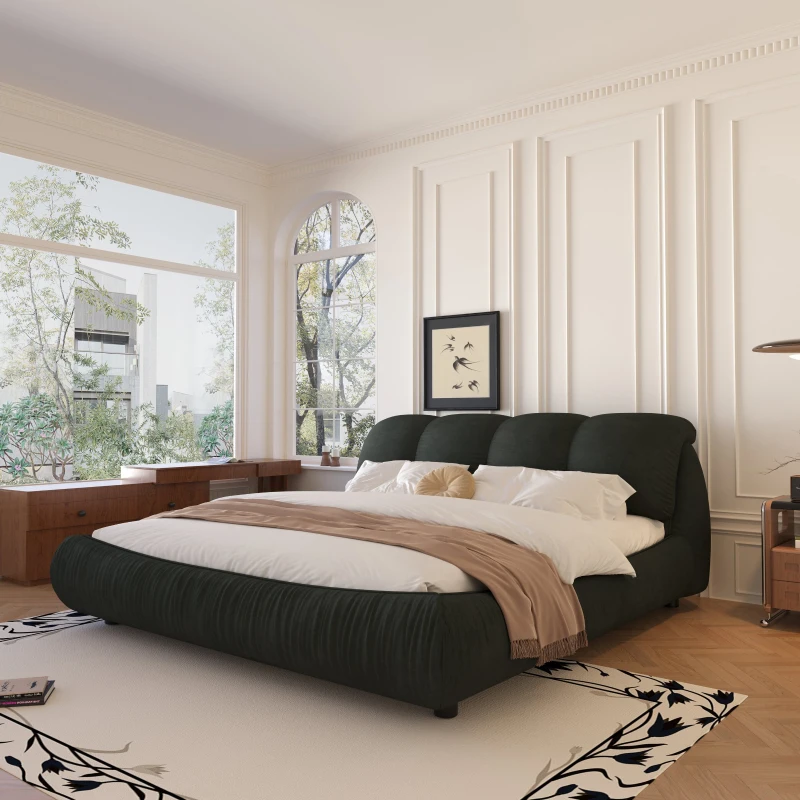 King Size Upholstered Bed with Oversized Padded Backrest, Solid Wood Frame, Adjustable Mattress Heights, 96.5" L x 86" W x 43.5" H, Black