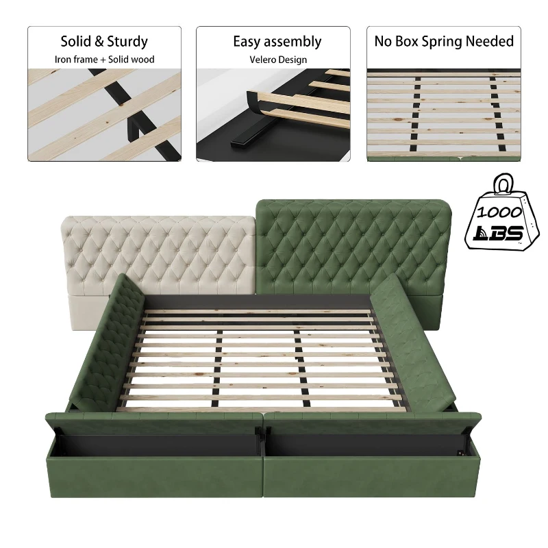 King Contemporary Special-Shaped Upholstered Bed with Deep Button Tufting, Storage Compartments, 123.5" L x 101" W x 43.5" H, Green