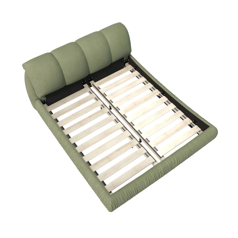 Queen Size Upholstered Bed with Oversized Padded Backrest, Solid Wood Frame, Adjustable Mattress Heights, 96.5" L x 70" W x 43.5" H, Green