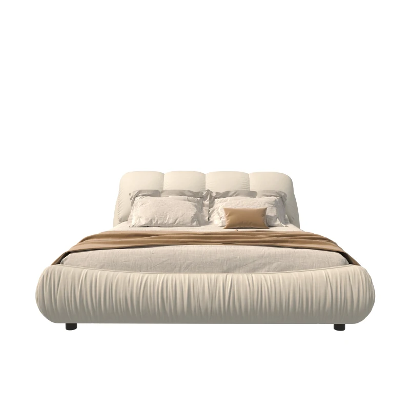 Queen Size Upholstered Bed with Oversized Padded Backrest, Solid Wood Frame, Adjustable Mattress Heights, 96.5" L x 70" W x 43.5" H, Beige