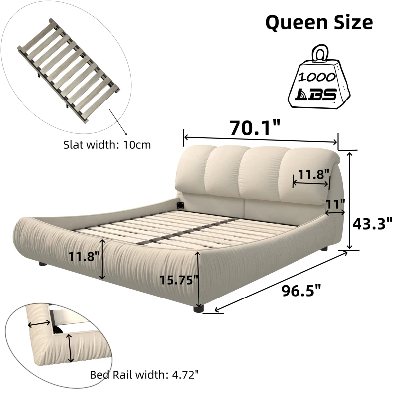 Queen Size Upholstered Bed with Oversized Padded Backrest, Solid Wood Frame, Adjustable Mattress Heights, 96.5" L x 70" W x 43.5" H, Beige