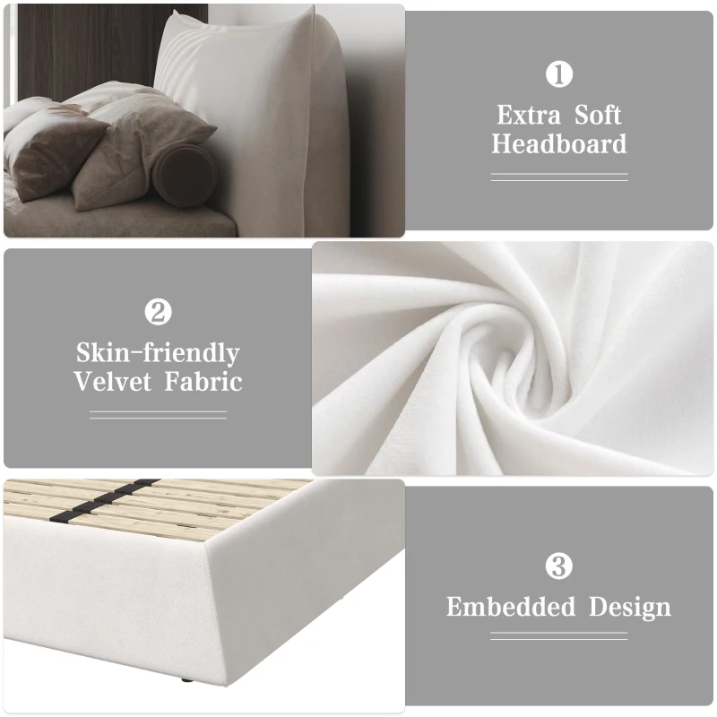 King Size Upholstered Platform Bed with Special Shaped Velvet Headboard, Solid Wood Frame, 97.5" L x 93" W x 42" H, Cream