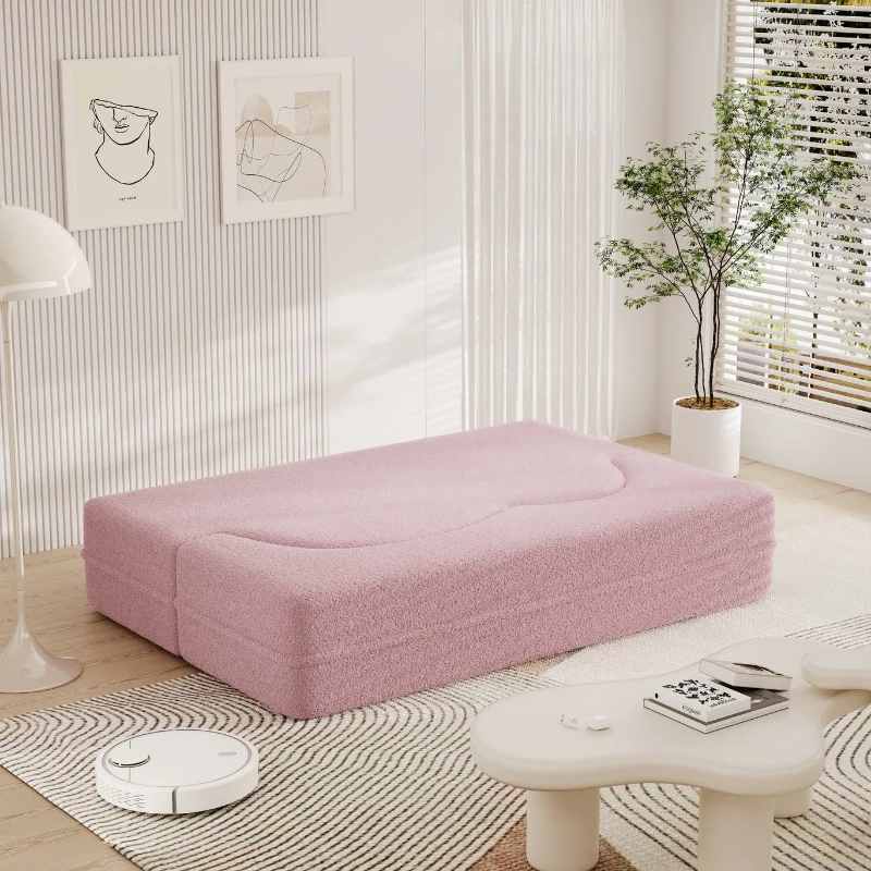 Convertible Teddy Fabric Foam-Filled Sleeper Sofa Bed with 2 Pillows, Modern Floor Sofa, Folding Mattress, 78" L x 45" W x 30" H, Pink