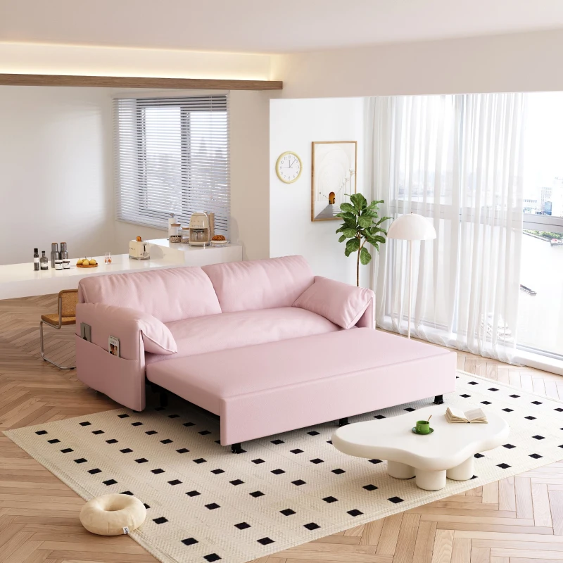 64" 3-in-1 Convertible Sleeper Sofa with Side Storage, Multi-Functional Velvet Loveseat Bed, 64" L x 33.5" W x 36" H, Pink