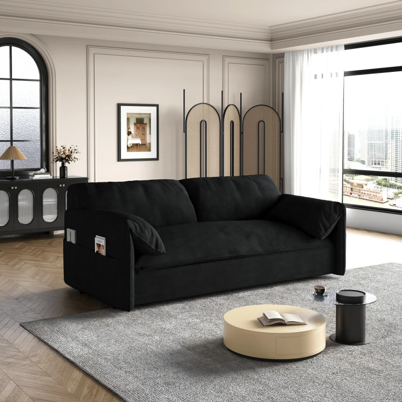 64" 3-in-1 Convertible Sleeper Sofa with Side Storage, Multi-Functional Velvet Loveseat, 64" L x 33.5" W x 36" H, Black