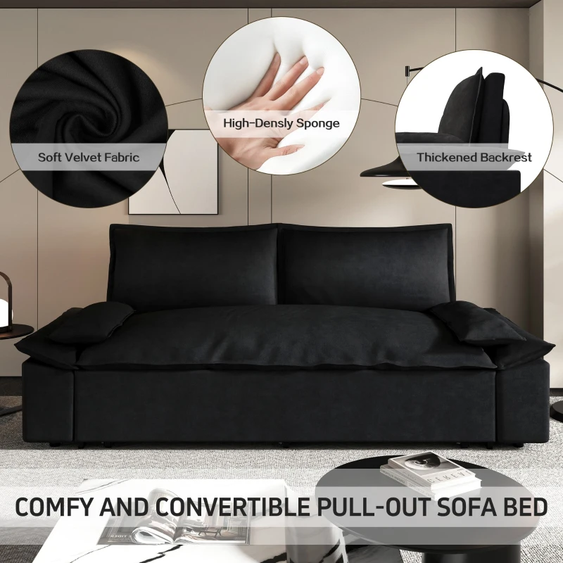 70" 3-in-1 Convertible Sleeper Sofa with 2 Soft Pillows, Multi-Functional Velvet Loveseat Bed, 70" L x 33" W x 36" H, Black
