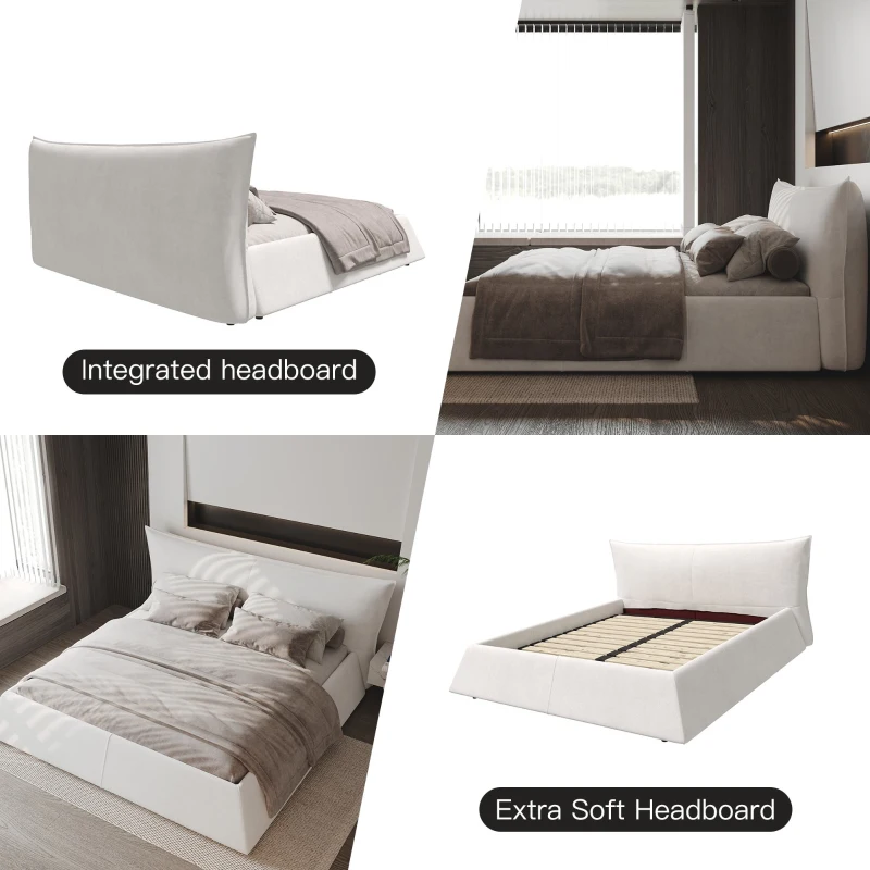 King Size Upholstered Platform Bed with Special Shaped Velvet Headboard, Solid Wood Frame, 97.5" L x 93" W x 42" H, Cream