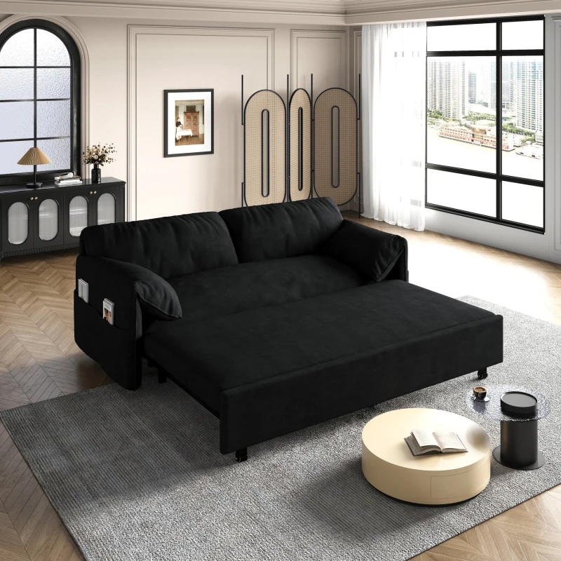 64" 3-in-1 Convertible Sleeper Sofa with Side Storage, Multi-Functional Velvet Loveseat, 64" L x 33.5" W x 36" H, Black